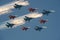 Aerobatic team `Swifts` and `Russian knights` aircraft `su-30cm and MiG-29` made the salute during a rehearsal of the Victory para