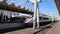 Aeroexpress Train Sapsan at the Leningradsky railway station and passenger