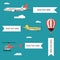 Aeroplane, planes, helicopters, biplane and hot air balloon. Set of colorful flat air transports with cloud. Vector