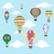 Aerostat air balloon sky clouds flight travel basket retro airship cartoon icons set design vector illustration