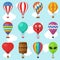 Aerostat Balloon transport with basket set flying in sky, Cartoon air-balloon different shapes ballooning adventure