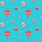 Aerostat in the sky flat seamless pattern. Red, pink and blue