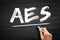 AES Advanced Encryption Standard - symmetric block cipher to protect classified information, acronym text concept on blackboard