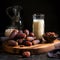 aesthetic arrangement of dates palm and a glass of milk on a wooden board