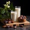 aesthetic arrangement of dates palm and a glass of milk on a wooden board