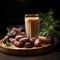 aesthetic arrangement of dates palm and a glass of milk on a wooden board