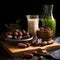 aesthetic arrangement of dates palm and a glass of milk on a wooden board