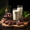aesthetic arrangement of dates palm and a glass of milk on a wooden board
