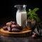 aesthetic arrangement of dates palm and a glass of milk on a wooden board