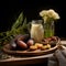 aesthetic arrangement of dates palm and a glass of milk on a wooden board