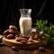 aesthetic arrangement of dates palm and a glass of milk on a wooden board