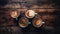 Aesthetic arrangement of multiple coffee mugs with an overhead view on a rustic wooden table