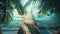 Aesthetic beautiful island destination, endless bridge into the ocean, palm leaves, sun rays. Travel Ad. Generative AI