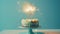 Aesthetic birthday cake with sparklers on pastel blue background. Copy space. Party invitation template. Generative AI