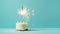 Aesthetic birthday cake with sparklers on pastel blue background. Copy space. Party invitation template. Generative AI