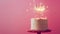 Aesthetic birthday cake with sparklers on pastel pink background. Copy space. Party invitation template. Generative AI