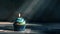 Aesthetic blue cupcake with candle, dark background, copy space. Celebration anniversary concept. Generative AI