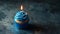 Aesthetic blue cupcake with candle, dark background, copy space. Celebration anniversary concept. Generative AI