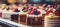 Aesthetic blurred bokeh background with gourmet desserts and coffee drinks in an elegant patisserie