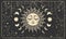 Aesthetic boho banner with sun face, moon phases and stars pattern. Magic print for astrology and tarot, bohemian design