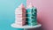 Aesthetic cake for baby shower party on split pink and blue background. Gender reveal invitation template. Generative AI