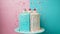 Aesthetic cake for baby shower party on split pink and blue background. Gender reveal invitation template. Generative AI