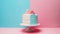 Aesthetic cake for baby shower party on split pink and blue background. Gender reveal invitation template. Generative AI