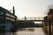 Aesthetic canals of Amsterdam at sunset, view from the water, houseboats on the canal, houseboats hotels. Romantic canal boat ride