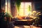 Aesthetic cozy interior of living room of house with large window and bright sunlight.