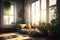 Aesthetic cozy interior of living room of house with large window and bright sunlight