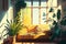 Aesthetic cozy interior of living room of house with large window and bright sunlight. Sketch illustration. Generated by AI