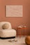 Aesthetic interior of living room with mock up poster frame, beige armchair, round orange coffee table, rug, slippers, sculpture,