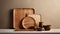 Aesthetic kitchen table with eco wooden cutting board, trays and bowls for modern cooking background