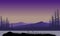 Aesthetic mountain panorama silhouette with dry trees from the seaside with purple sky view