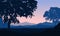 Aesthetic mountain panorama with the silhouette of fir trees at sunset from out of the city