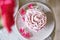 Aesthetic pink cupcake. Escapism dreamy desserts. Flowers decoration. Holiday food festive background