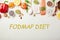 Aesthetics fresh FODMAP Mediterranean diet with text in center. Healthy low fodmap ingredients - vegetables, fruits