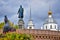 Afanasy Nikitin statue with a church in Tver city