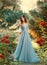 Affectionate bride in light blue dress in green garden with red lush roses