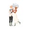 Affectionate Newlyweds Couple as Just Married Male and Female Standing in Boots and Under Umbrella Vector Illustration