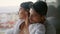 Affectionate people embracing terrace closeup. Latina lovers enjoying marriage