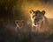 Affectionate portrait of a Lioness with her cub in the savanna. Amazing African Wildlife. Generative Ai