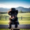 Affenpinscher dog wearing a cowboy hat sitting on a fence with a overlooking a scenic ranch setting