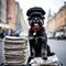Affenpinscher dog wearing a newsboy cap sitting on a stack of newspapers and magazines