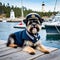Affenpinscher dog wearing a sailor\'s hat sitting on a dock with sailboats