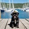 Affenpinscher dog wearing a sailor\'s hat standing on a dock with