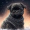 Affenpinscher puppy in a sweater on a background of snow