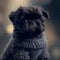 Affenpinscher puppy in a sweater on a background of snow