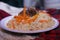 Afgani traditional rice on Plate with Carrot Slices and Meat - Close up View - Food Photography