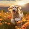 Afghan Hound puppy running through a field of wildflowers in the golden hour by AI generated